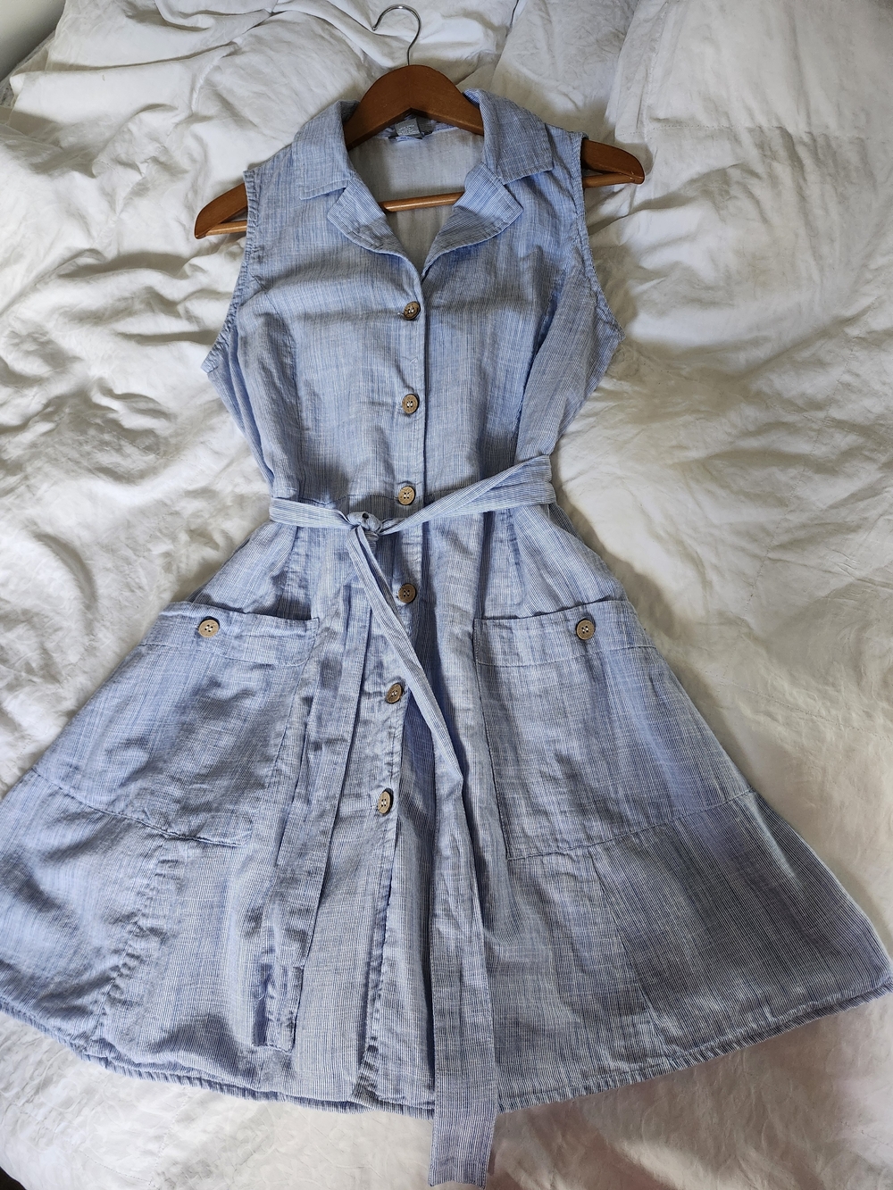 Sleeveless Light Blue Striped Button Up Dress with Tie Waist